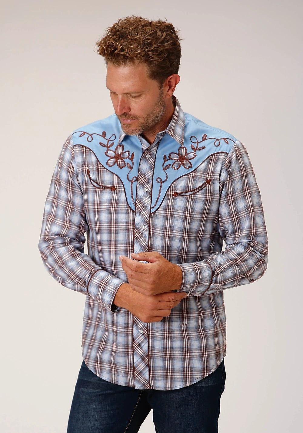 Roper Mens Long Sleeve Snap Light Blue Chocolate White Plaid Western Shirt - Roper