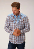 Roper Mens Long Sleeve Snap Light Blue Chocolate White Plaid Western Shirt - Roper