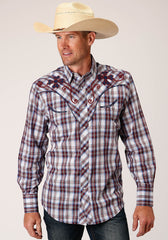 Roper Mens Long Sleeve Snap Wine Navy And White Plaid Western Shirt