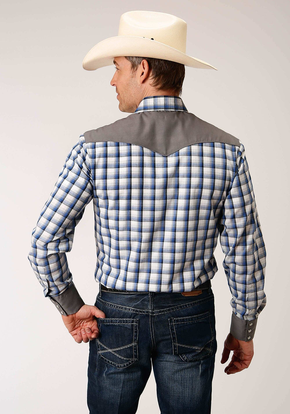 Roper Mens Long Sleeve Snap Royal Black And Cream Plaid Western Shirt - Roper - Flyclothing LLC