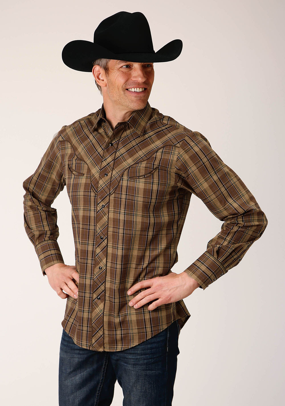 Roper Mens Long Sleeve Snap Multi Brown Plaid Western Shirt - Roper