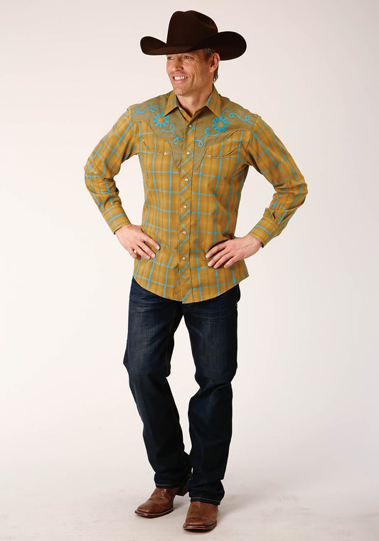 Roper Mens Long Sleeve Snap Butterscotch Turquoise Plaid Western Shirt