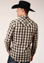 Roper Mens Long Sleeve Snap Black Cream And Olive Plaid Western Shirt