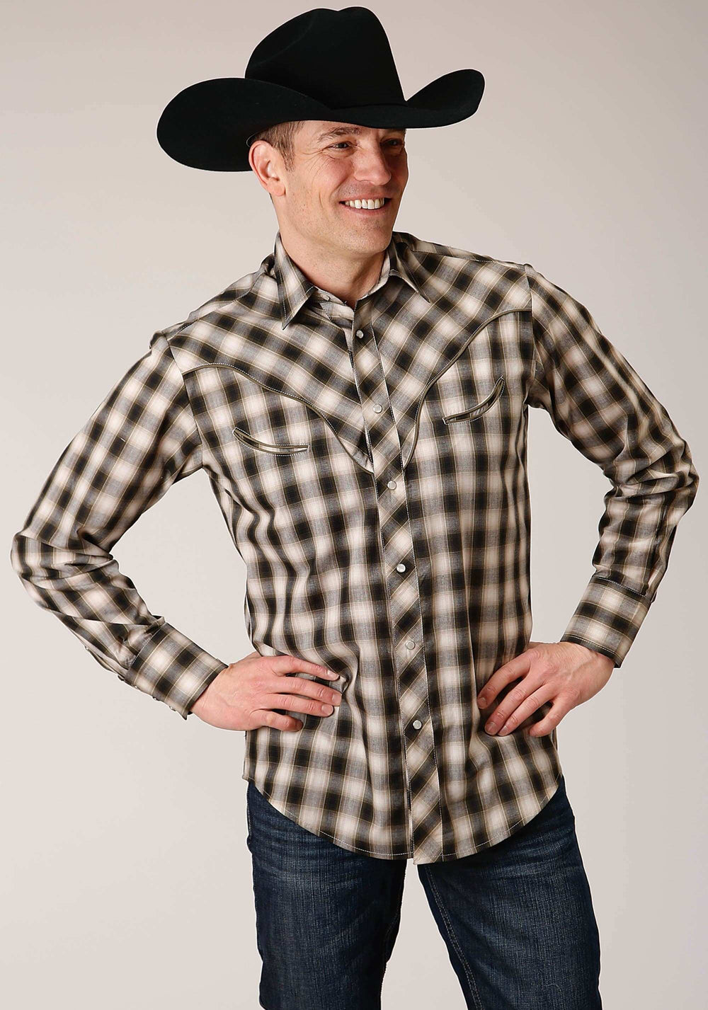 Roper Mens Long Sleeve Snap Black Cream And Olive Plaid Western Shirt - Roper - Flyclothing LLC