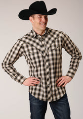 Roper Mens Long Sleeve Snap Black Cream And Olive Plaid Western Shirt