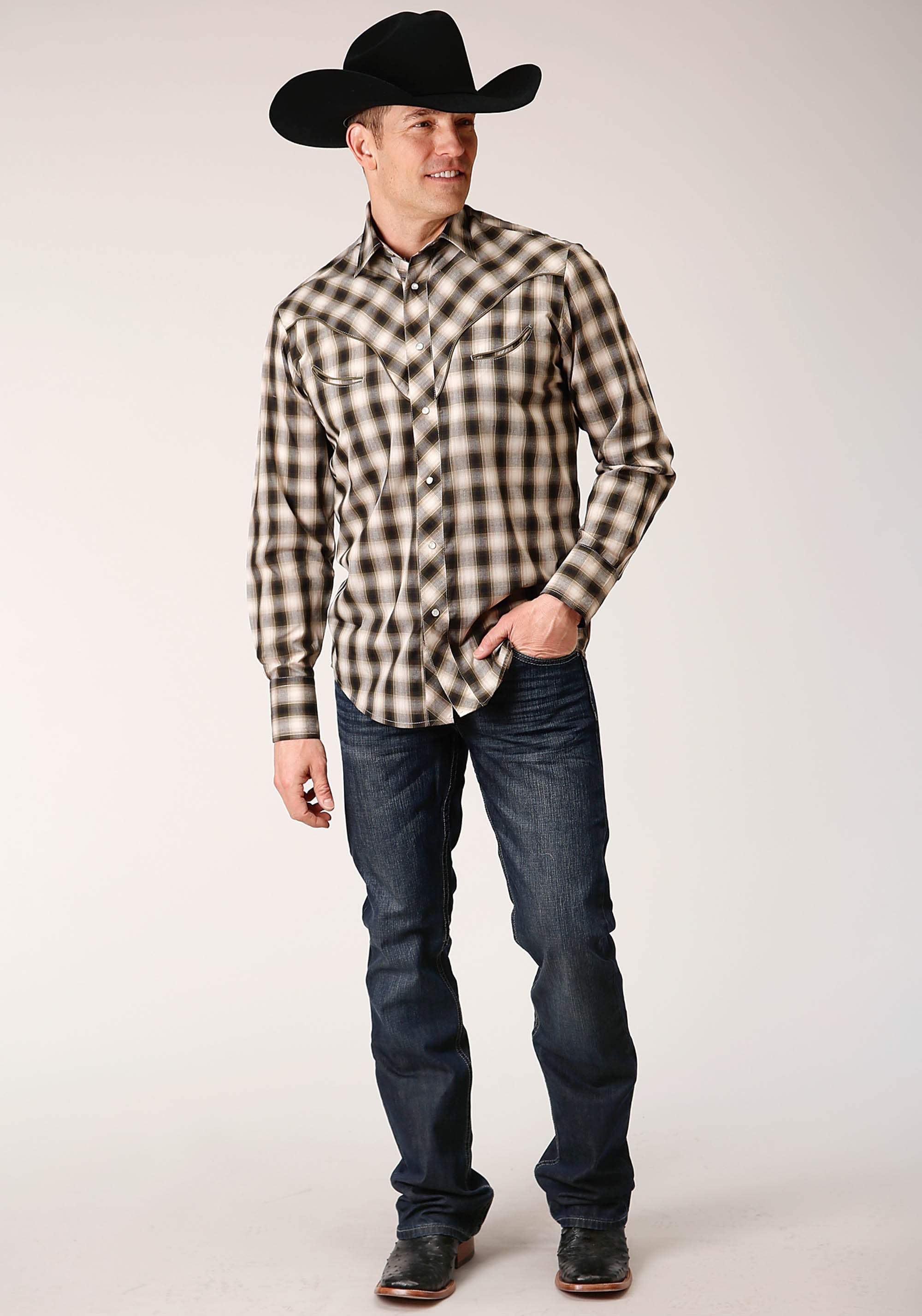 Roper Mens Long Sleeve Snap Black Cream And Olive Plaid Western Shirt - Roper - Flyclothing LLC