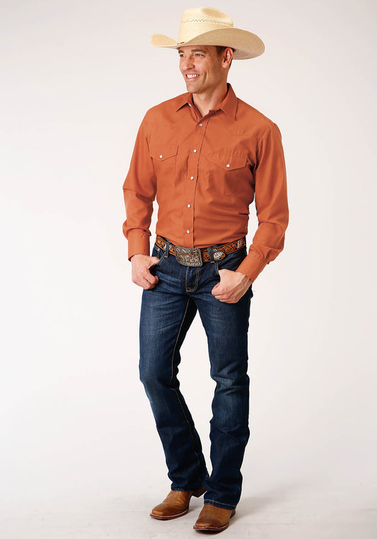 Roper Mens Long Sleeve Snap Solid Broadcloth Terracotta Western Shirt