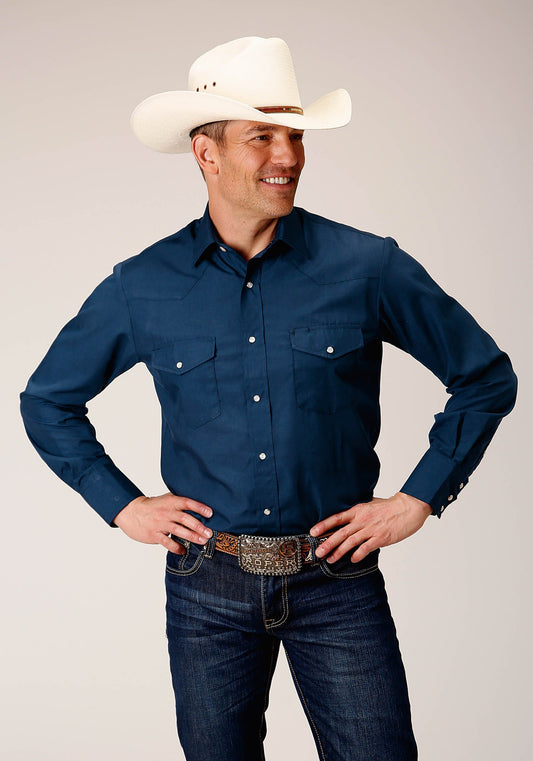 Roper Mens Long Sleeve Snap Solid Broadcloth Summer Navy Western Shirt - Roper