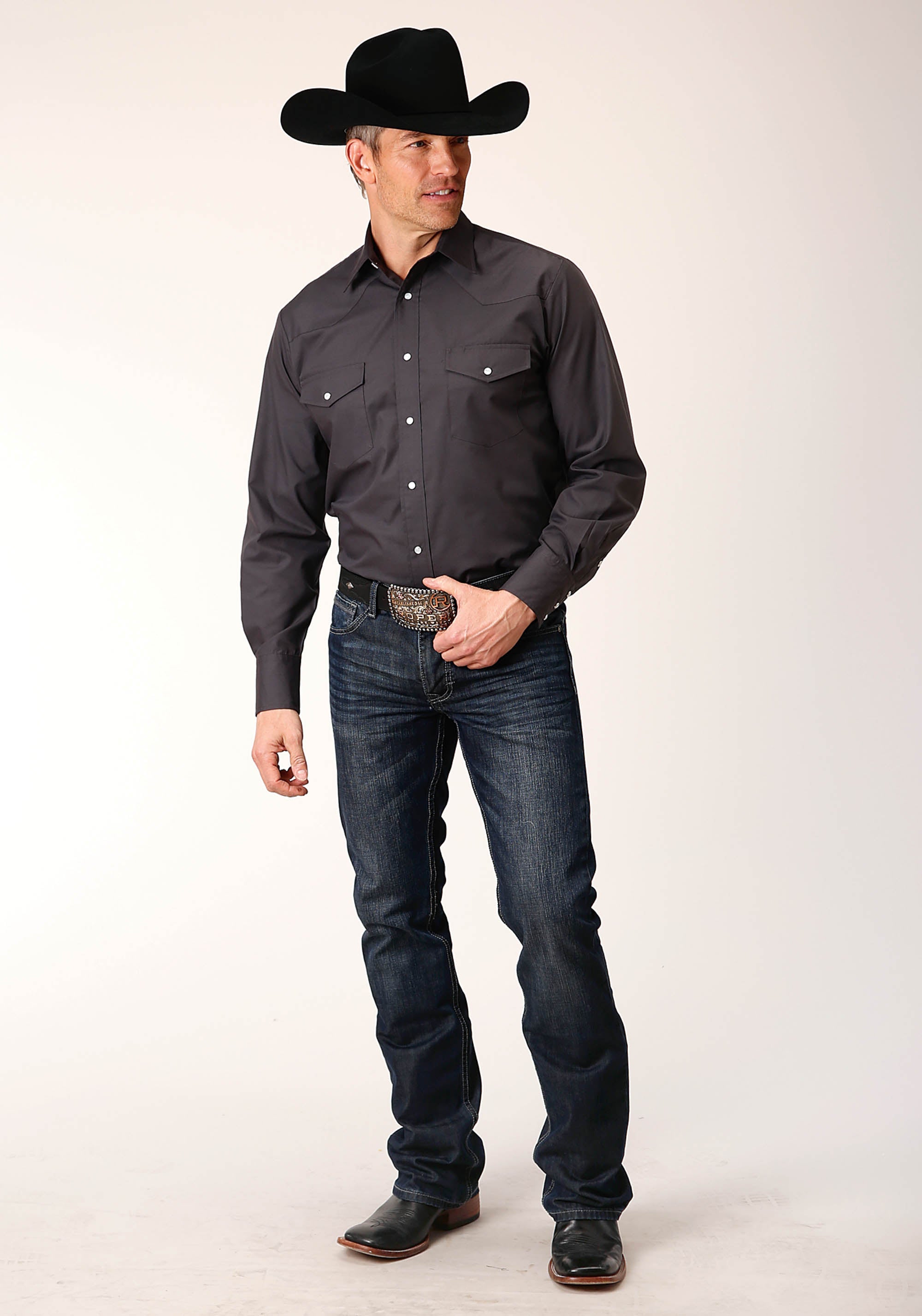 Roper Mens Long Sleeve Snap Solid Broadcloth Charcoal Western Shirt