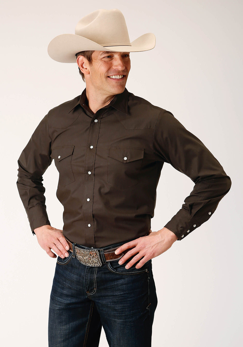 Roper Mens Long Sleeve Snap Solid Broadcloth Choc Brown Western Shirt - Roper