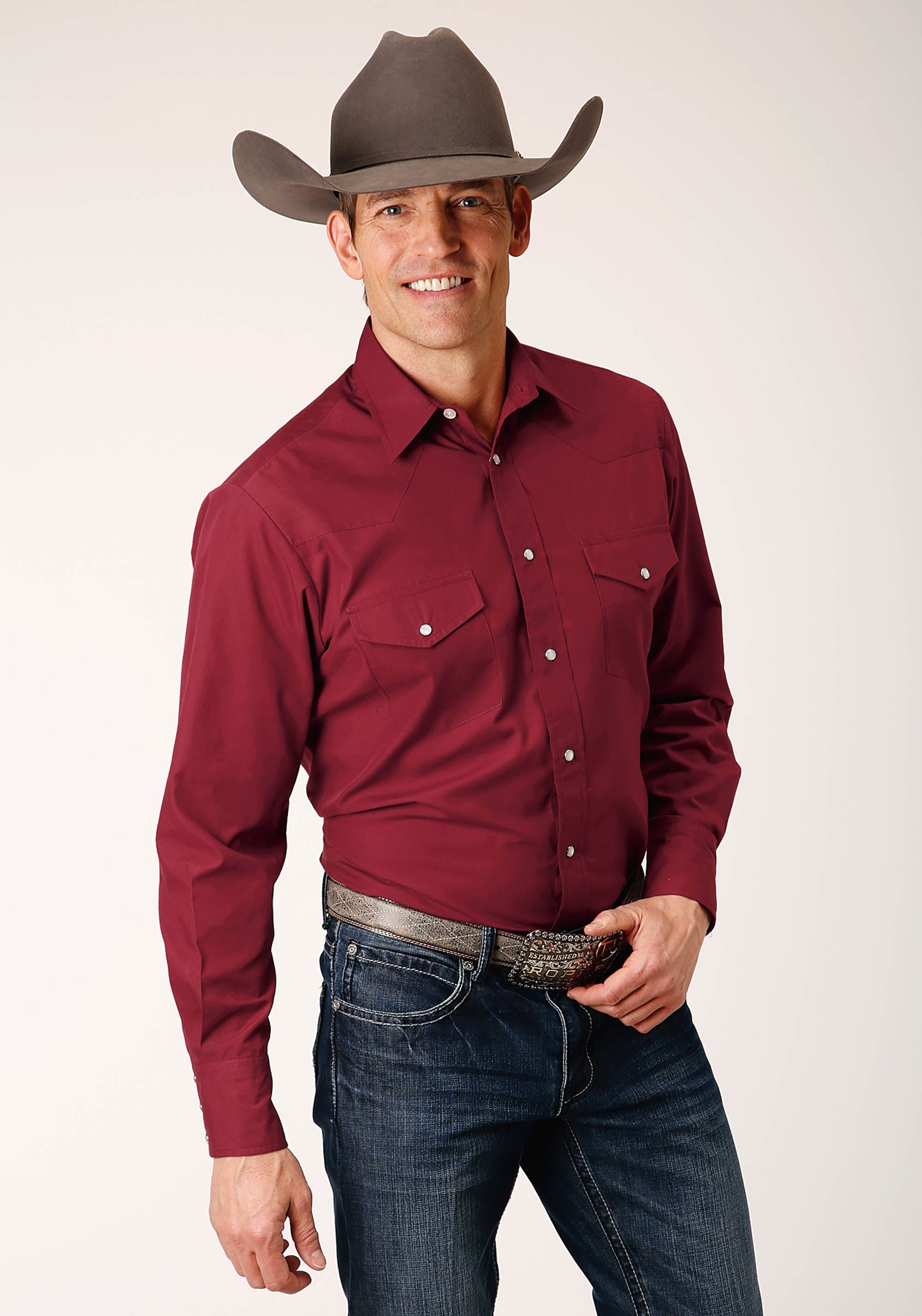 Roper Mens Long Sleeve Snap Solid Broadcloth Deepoly Rayonusset Western Shirt