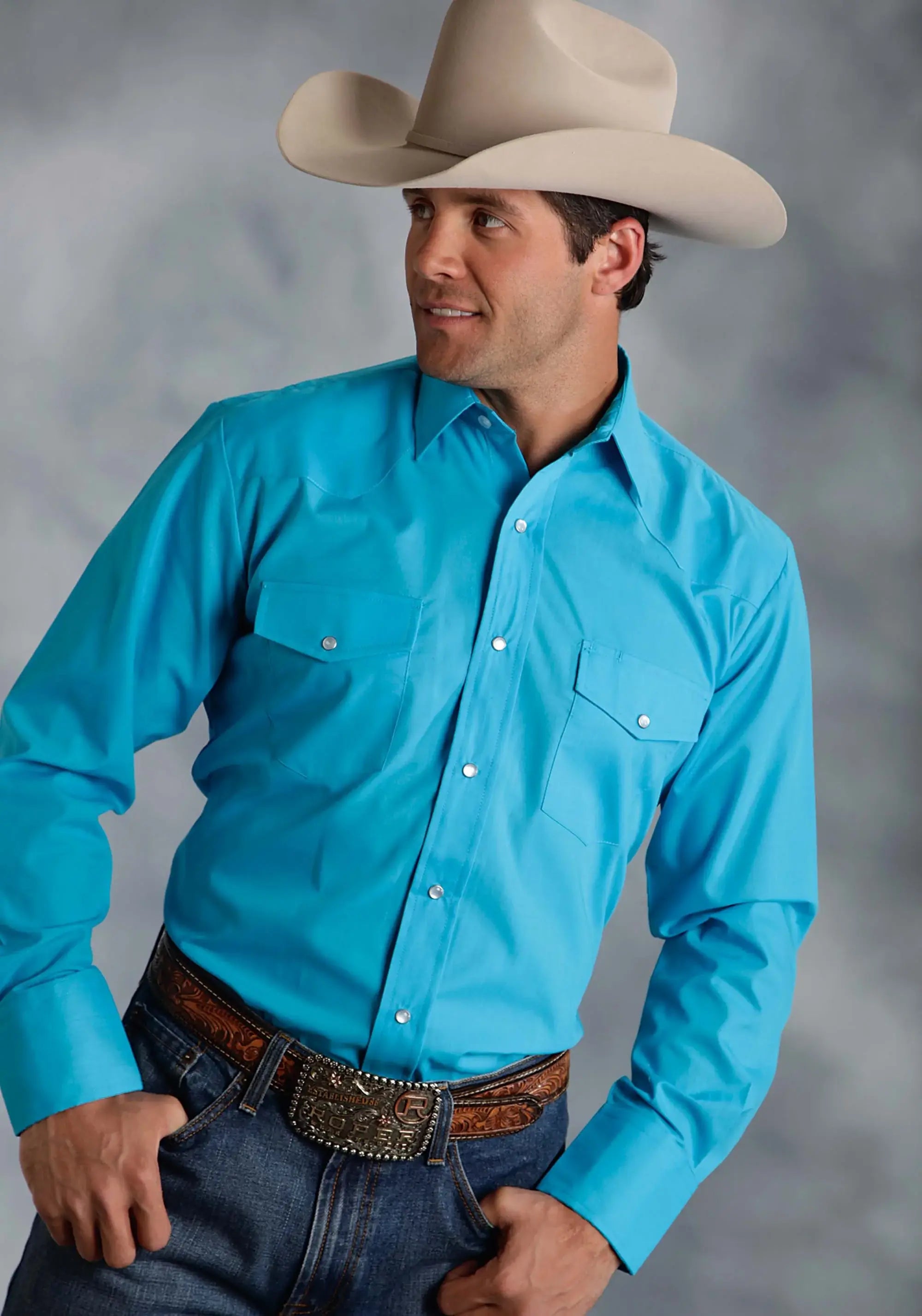 Roper Mens Turquoise Solid Broadcloth Long Sleeve Snap Western Shirt - Roper - Flyclothing LLC
