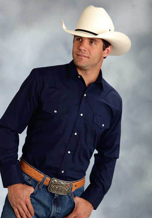Roper Mens Navy Blue Solid Broadcloth Long Sleeve Snap Western Shirt - Roper