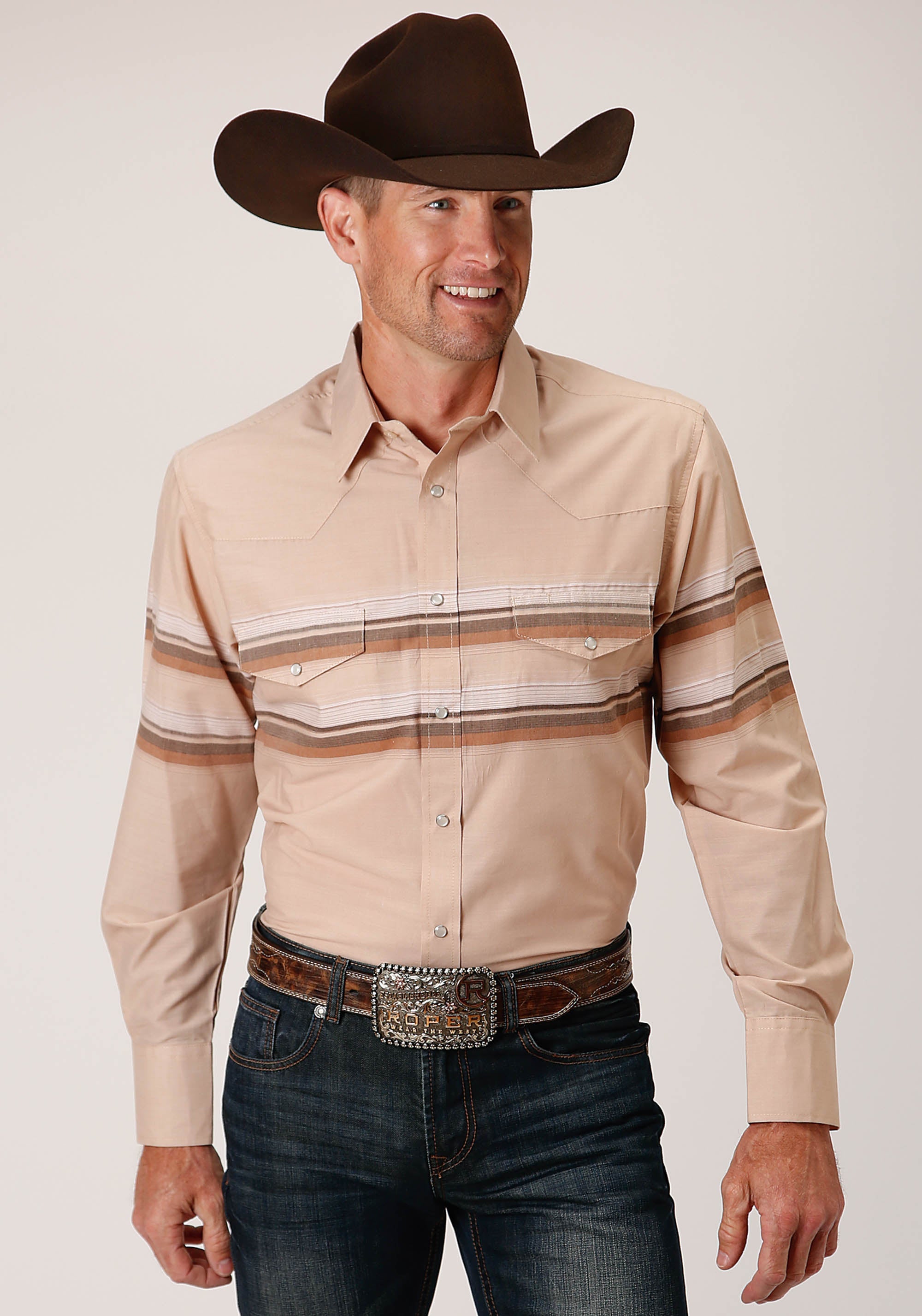Roper Mens Long Sleeve Snap Tan And Brown Border Stripe Western Shirt