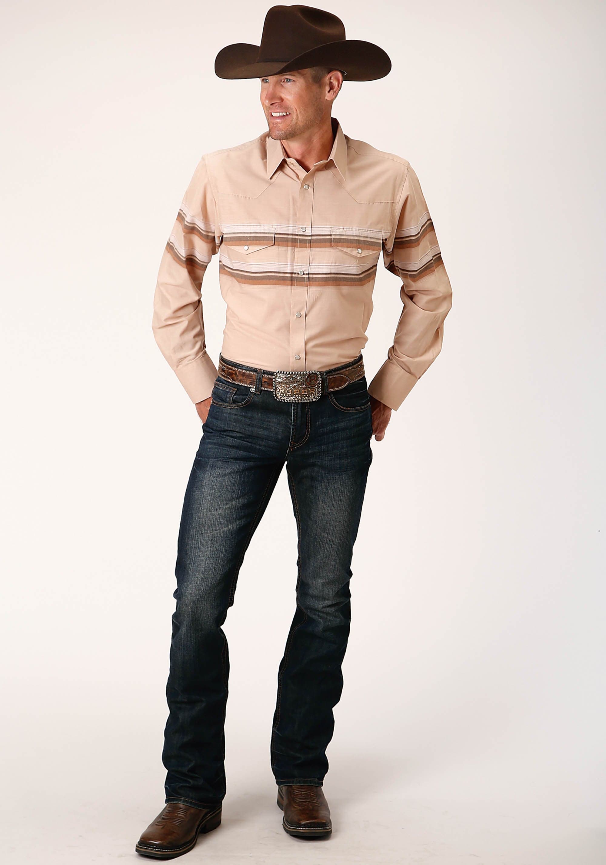 Roper Mens Long Sleeve Snap Tan And Brown Border Stripe Western Shirt