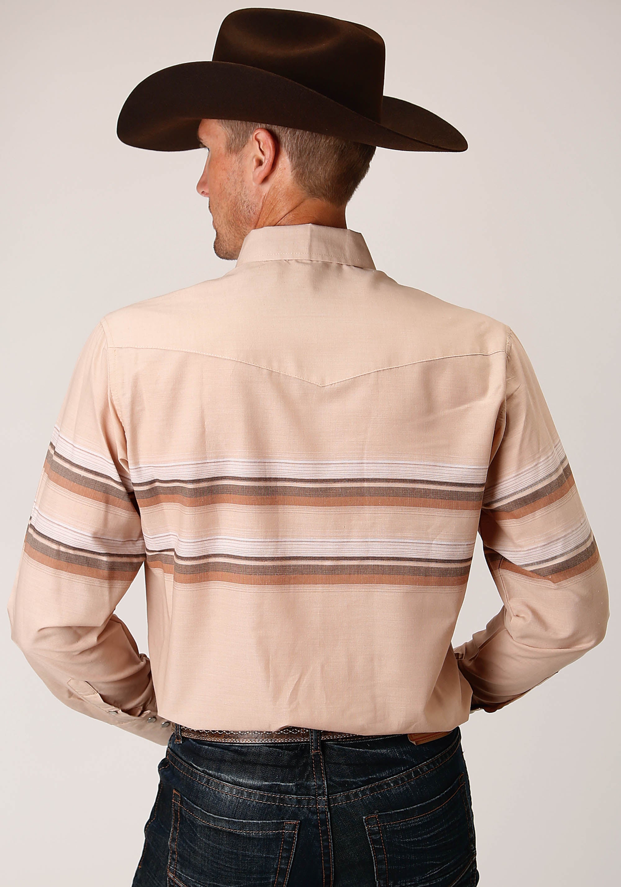 Roper Mens Long Sleeve Snap Tan And Brown Border Stripe Western Shirt
