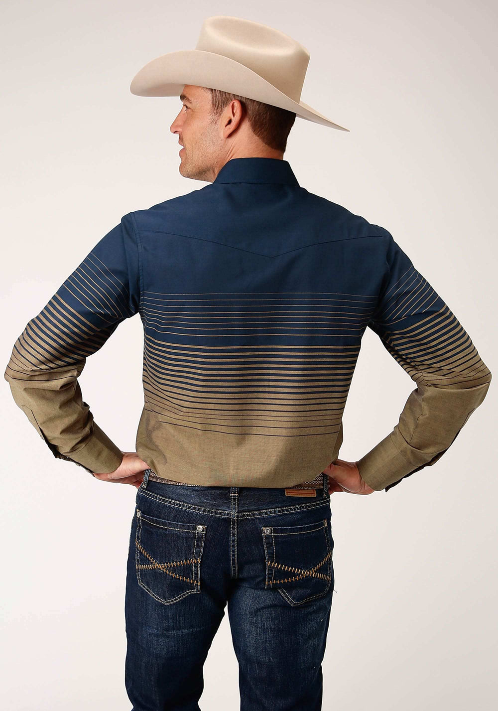 Roper Mens Long Sleeve Snap Navy And Khaki Border Stripe Western Shirt - Roper - Flyclothing LLC