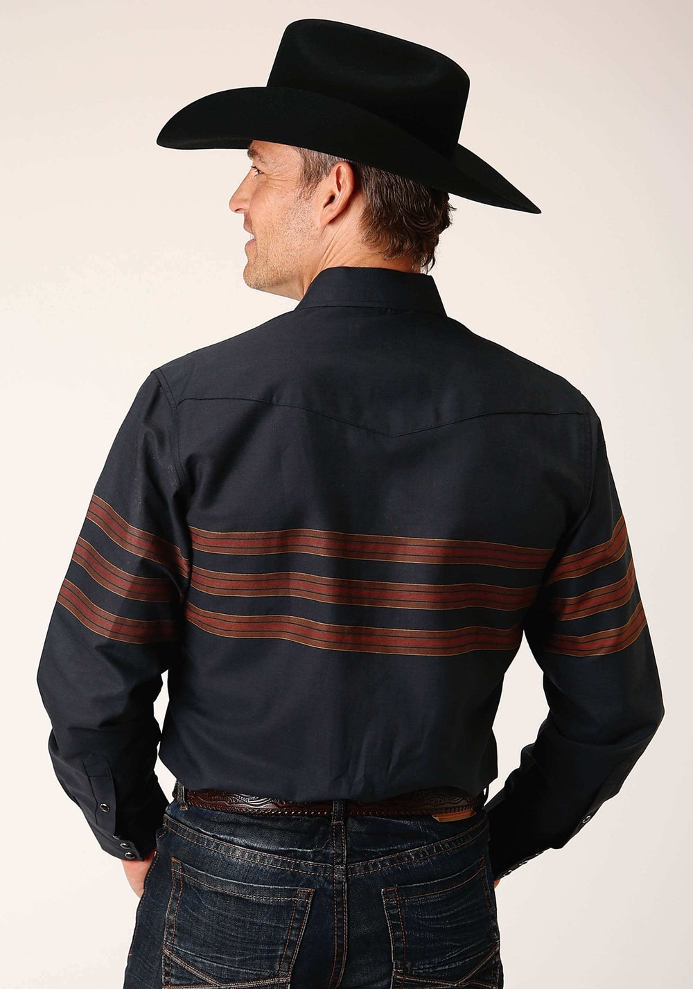 Roper Mens Long Sleeve Snap Black W Saddle Brown Border Stripe Western Shirt - Roper - Flyclothing LLC