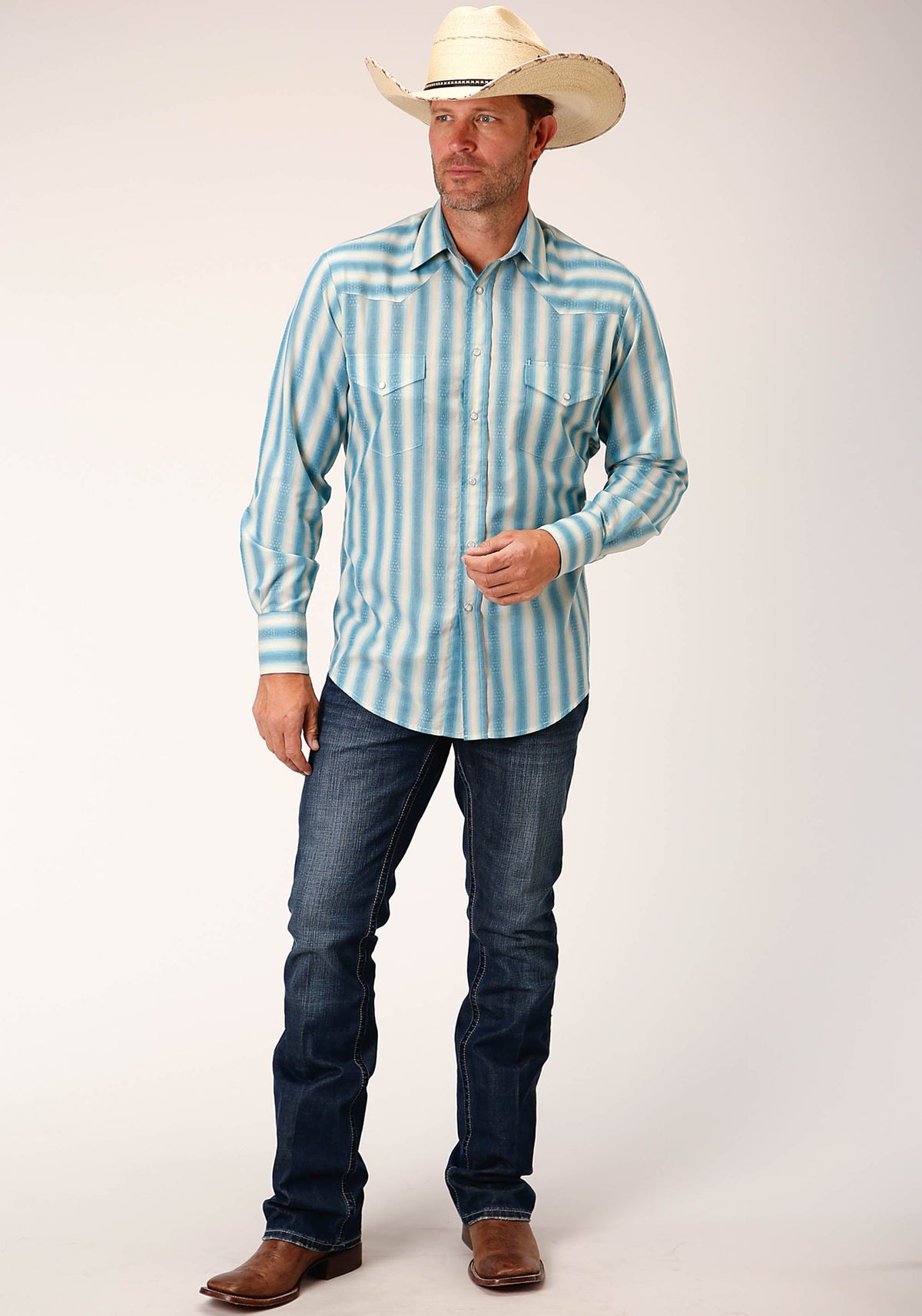 Roper Mens Long Sleeve Snap Aqua And Cream Ombre Stripe Western Shirt