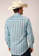 Roper Mens Long Sleeve Snap Aqua And Cream Ombre Stripe Western Shirt