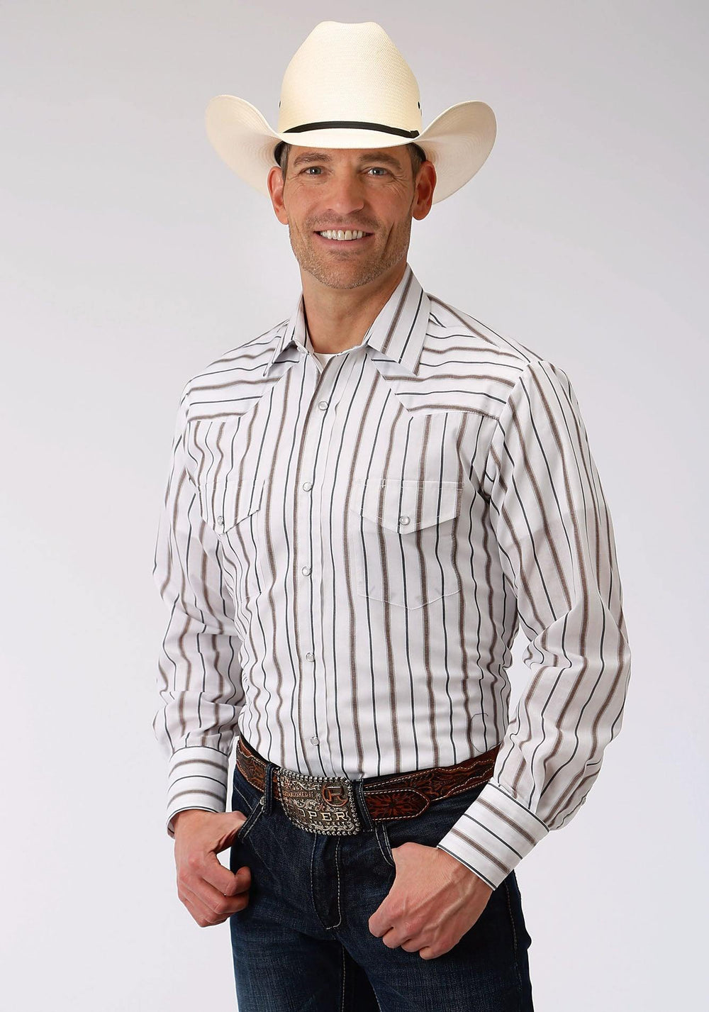 Roper Mens Brown And Grey Wide Stripe Long Sleeve Snap Western Shirt - Roper