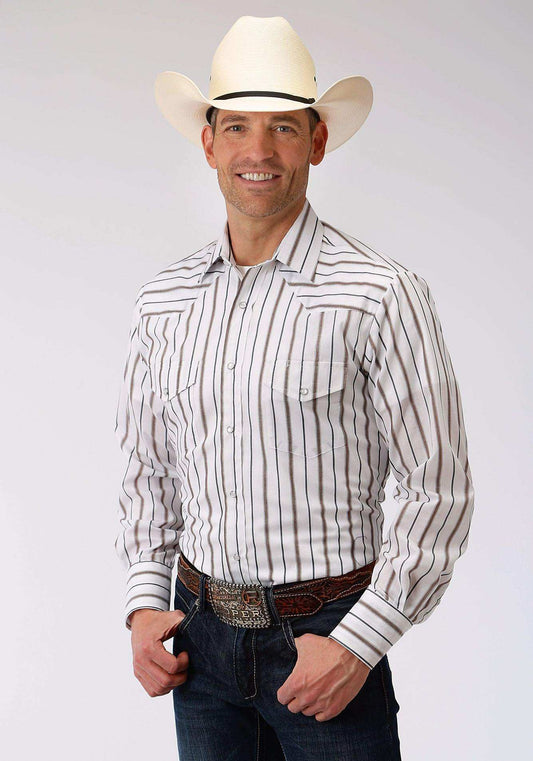 Roper Mens Brown And Grey Wide Stripe Long Sleeve Snap Western Shirt - Roper - Flyclothing LLC