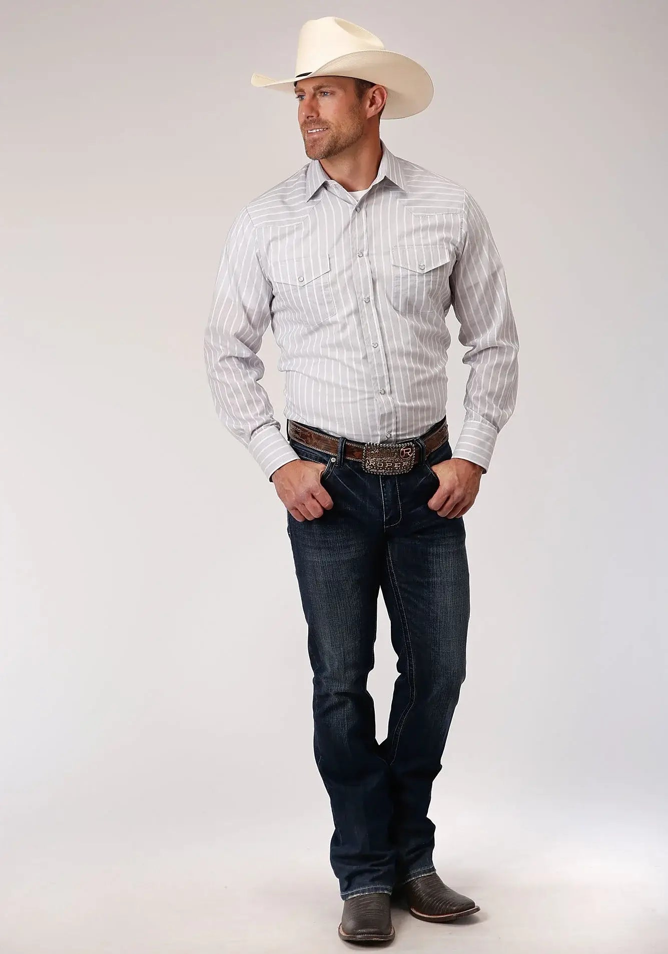 Roper Mens Grey Red And White Stripe Long Sleeve Snap Western Shirt - Roper - Flyclothing LLC