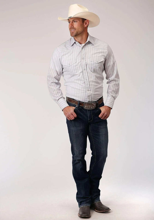 Roper Mens Grey Red And White Stripe Long Sleeve Snap Western Shirt - Roper - Flyclothing LLC