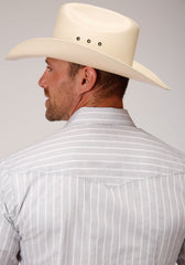 Roper Mens Grey Red And White Stripe Long Sleeve Snap Western Shirt