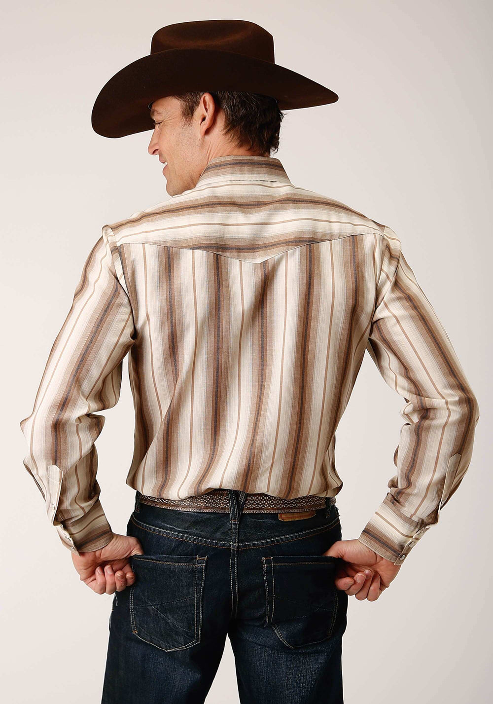 Roper Mens Long Sleeve Snap Brown And Cream Ombre Stripe Western Shirt - Roper - Flyclothing LLC
