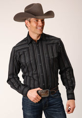 Roper Mens Long Sleeve Snap Black Charcoal Grey Stripe Western Shirt