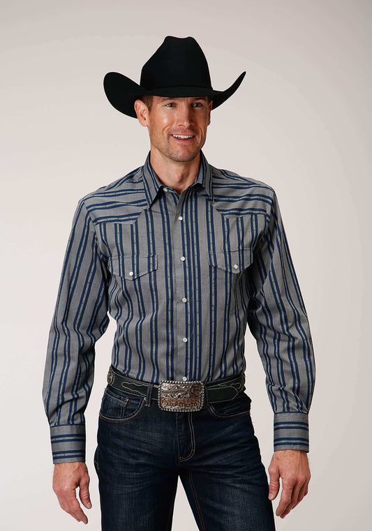 Roper Mens Long Sleeve Snap Wide Blue Dobby Stripe Western Shirt - Roper - Flyclothing LLC