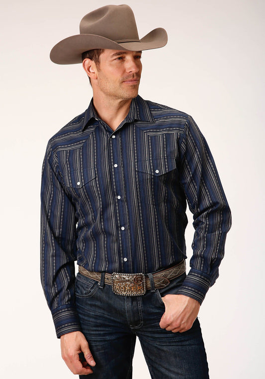 Roper Mens Long Sleeve Snap Black Blue Cream Stripe Western Shirt - Roper