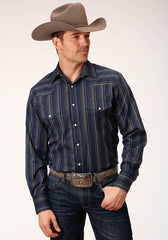 Roper Mens Long Sleeve Snap Black Blue Cream Stripe Western Shirt - Roper
