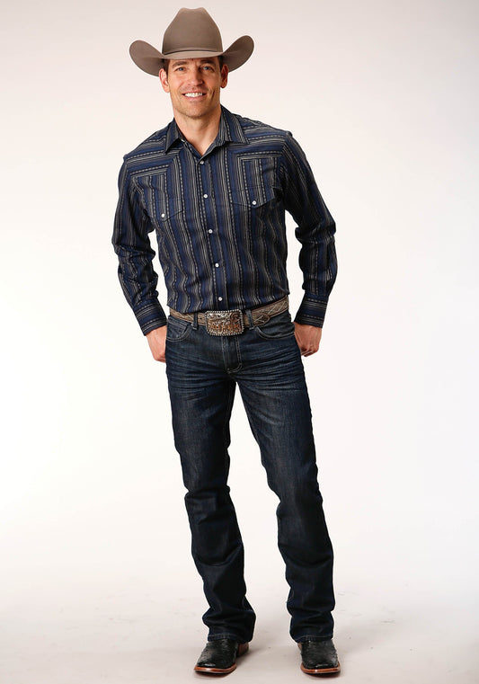 Roper Mens Long Sleeve Snap Black Blue Cream Stripe Western Shirt - Roper
