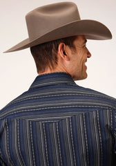 Roper Mens Long Sleeve Snap Black Blue Cream Stripe Western Shirt - Roper