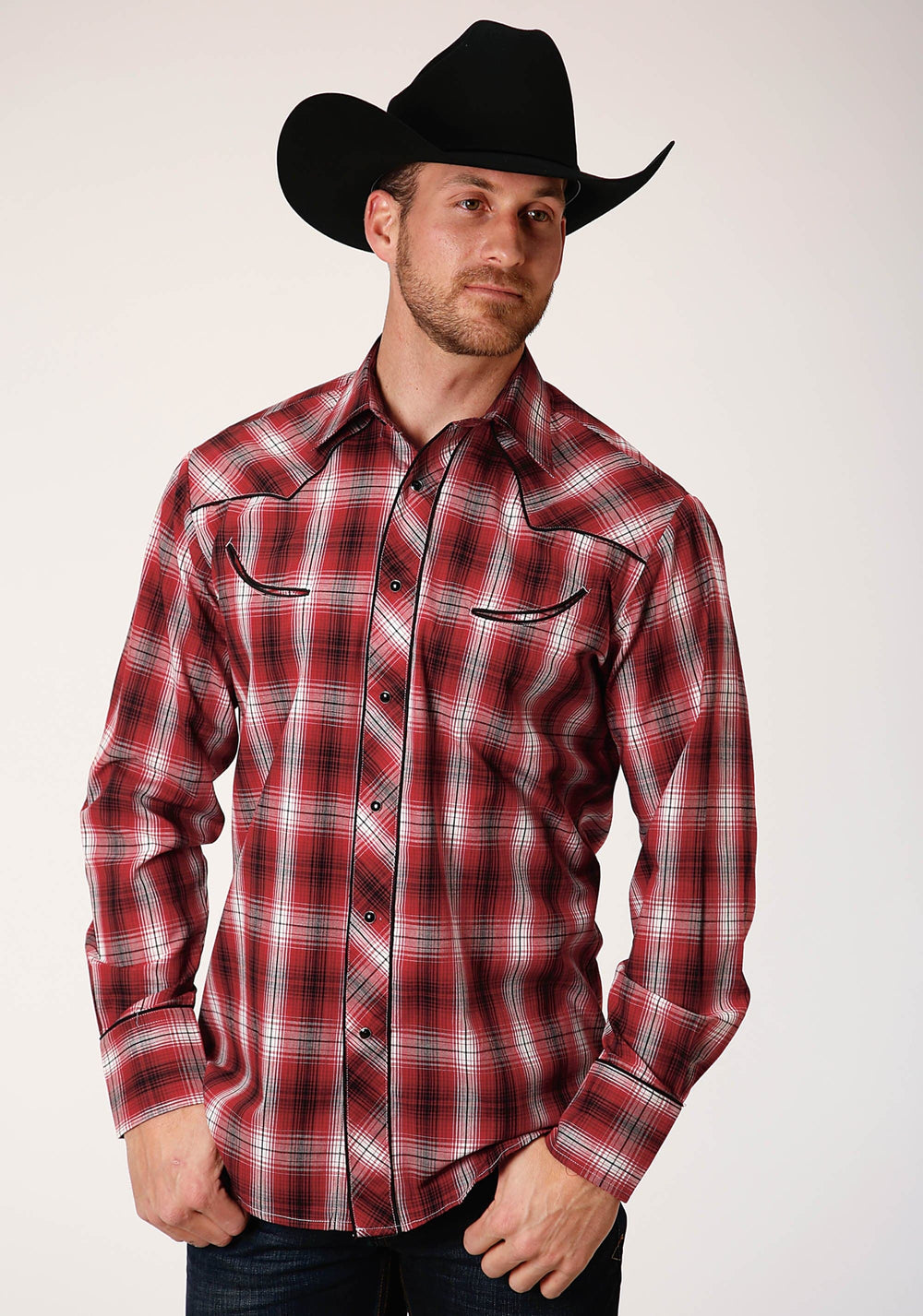 Roper Mens Long Sleeve Snap Red White And Black Plaid Western Shirt - Roper