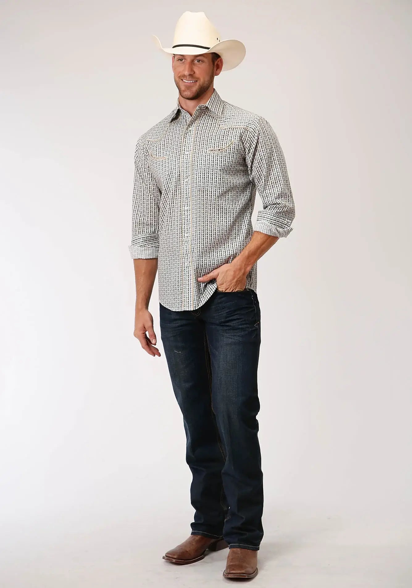 Roper Mens Dark Grey Ground Wallpaper Print Long Sleeve Snap Western Shirt - Roper - Flyclothing LLC