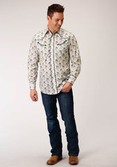 Roper Mens Long Sleeve Snap Cream And Navy Vintage Western Shirt