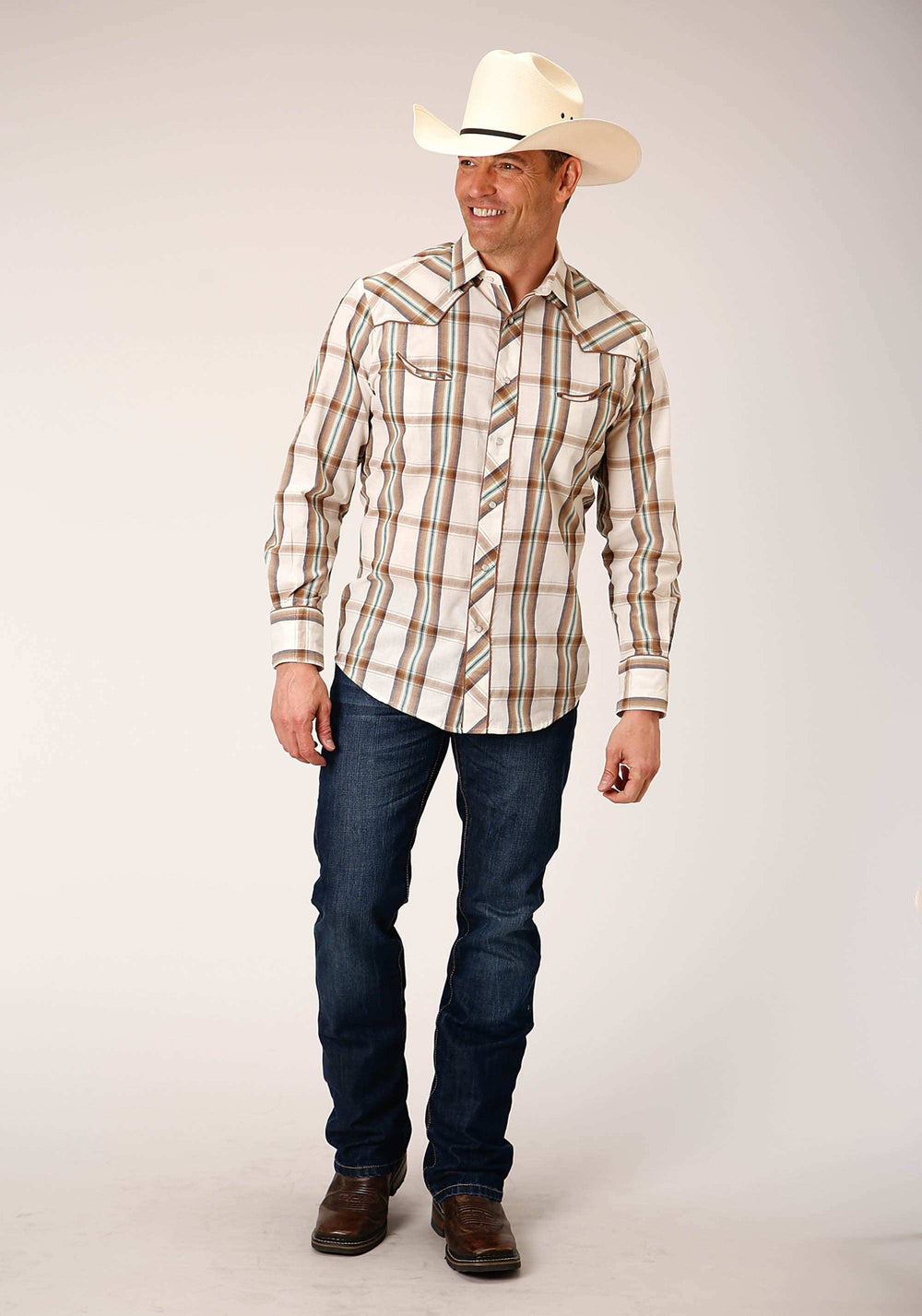Roper Mens Long Sleeve Snap Cream Brown Green Plaid Western Shirt - Roper - Flyclothing LLC