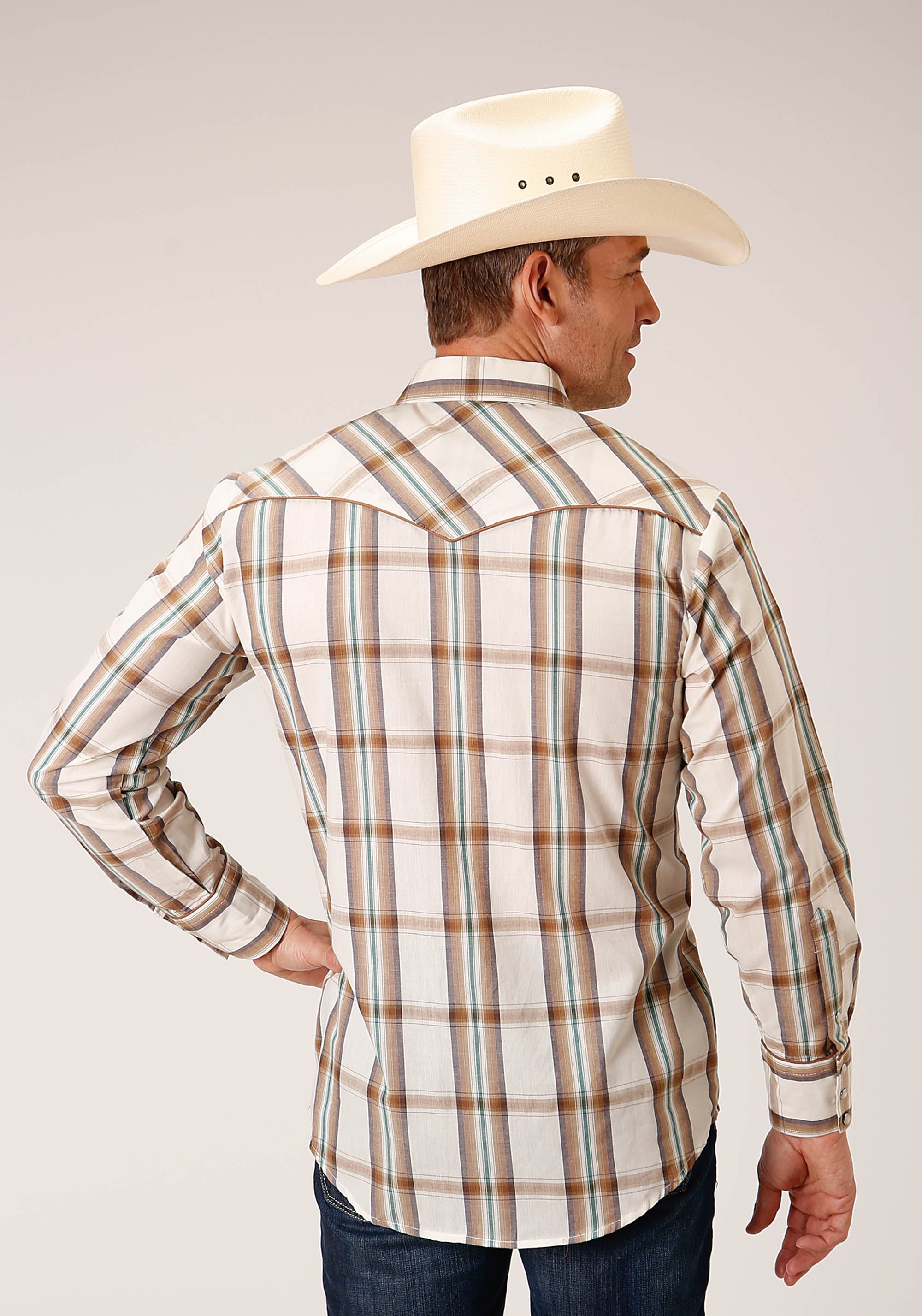 Roper Mens Long Sleeve Snap Cream Brown Green Plaid Western Shirt