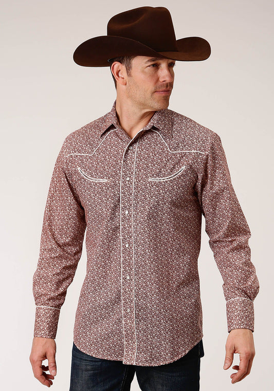 Roper Mens Long Sleeve Snap Red And Cream Vintage Floral Print Western Shirt - Roper