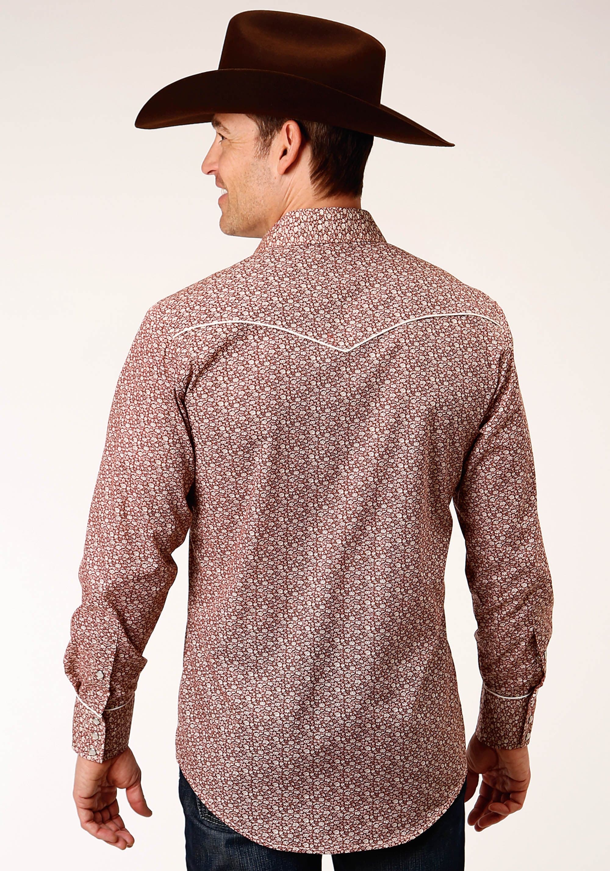 Roper Mens Long Sleeve Snap Red And Cream Vintage Floral Print Western Shirt - Roper