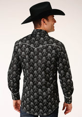 Roper Mens Long Sleeve Snap Black And Cream Floral Print Western Shirt