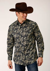 Roper Mens Long Sleeve Snap Vintage Dark Floral Print Western Shirt - Roper