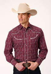 Roper Mens Long Sleeve Snap Brick Red And Cr Wallpaper Stripe Western Shirt