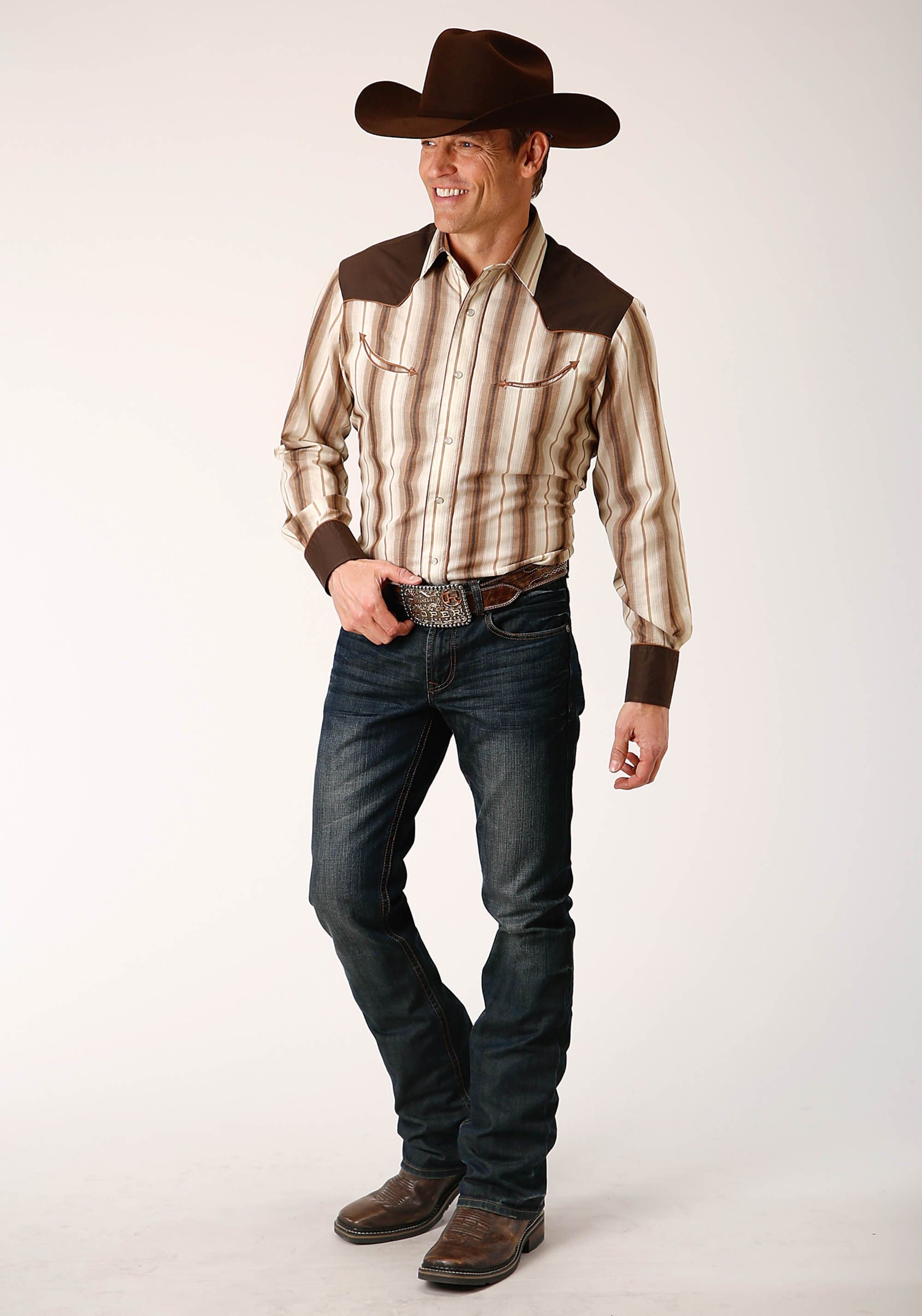 Roper Mens Long Sleeve Snap Brown And Cream Ombre Stripe Western Shirt