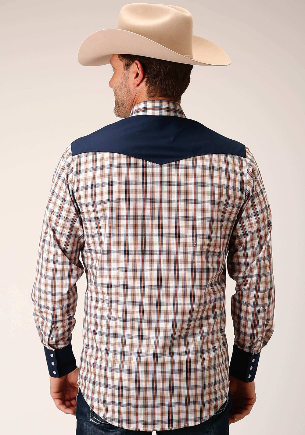 Roper Mens Long Sleeve Snap Navy Gold Rust Windowpane Plaid Western Shirt - Roper - Flyclothing LLC