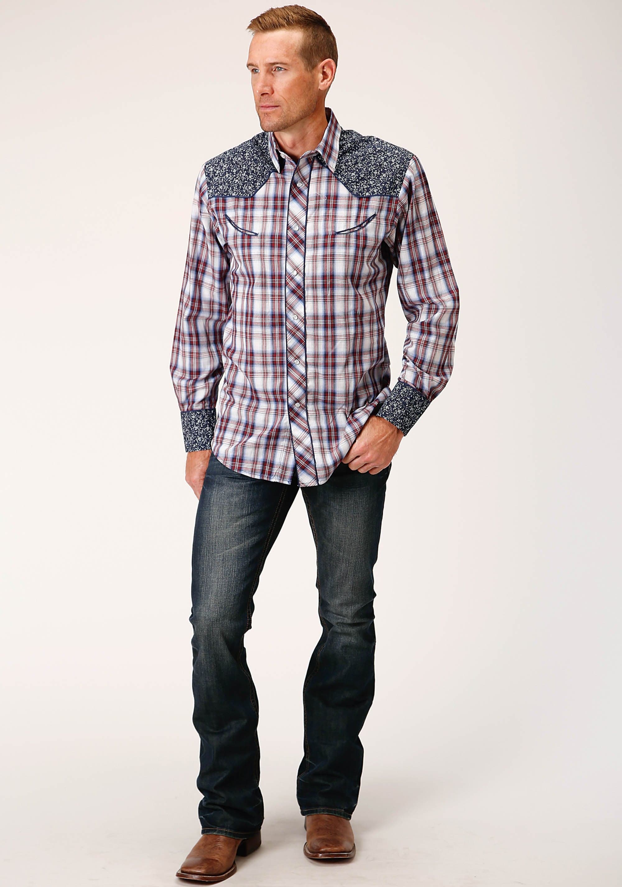 Roper Mens Long Sleeve Snap Wine Navy And White Plaid Western Shirt