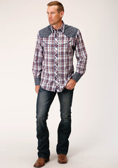 Roper Mens Long Sleeve Snap Wine Navy And White Plaid Western Shirt